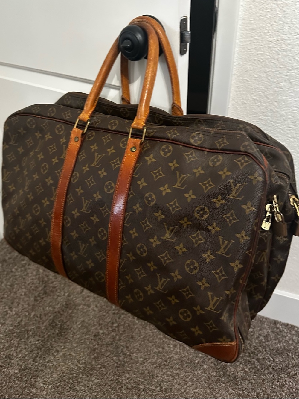 Louis Vuitton Monogram Canvas Travel Duffel with Tan Leather Trim